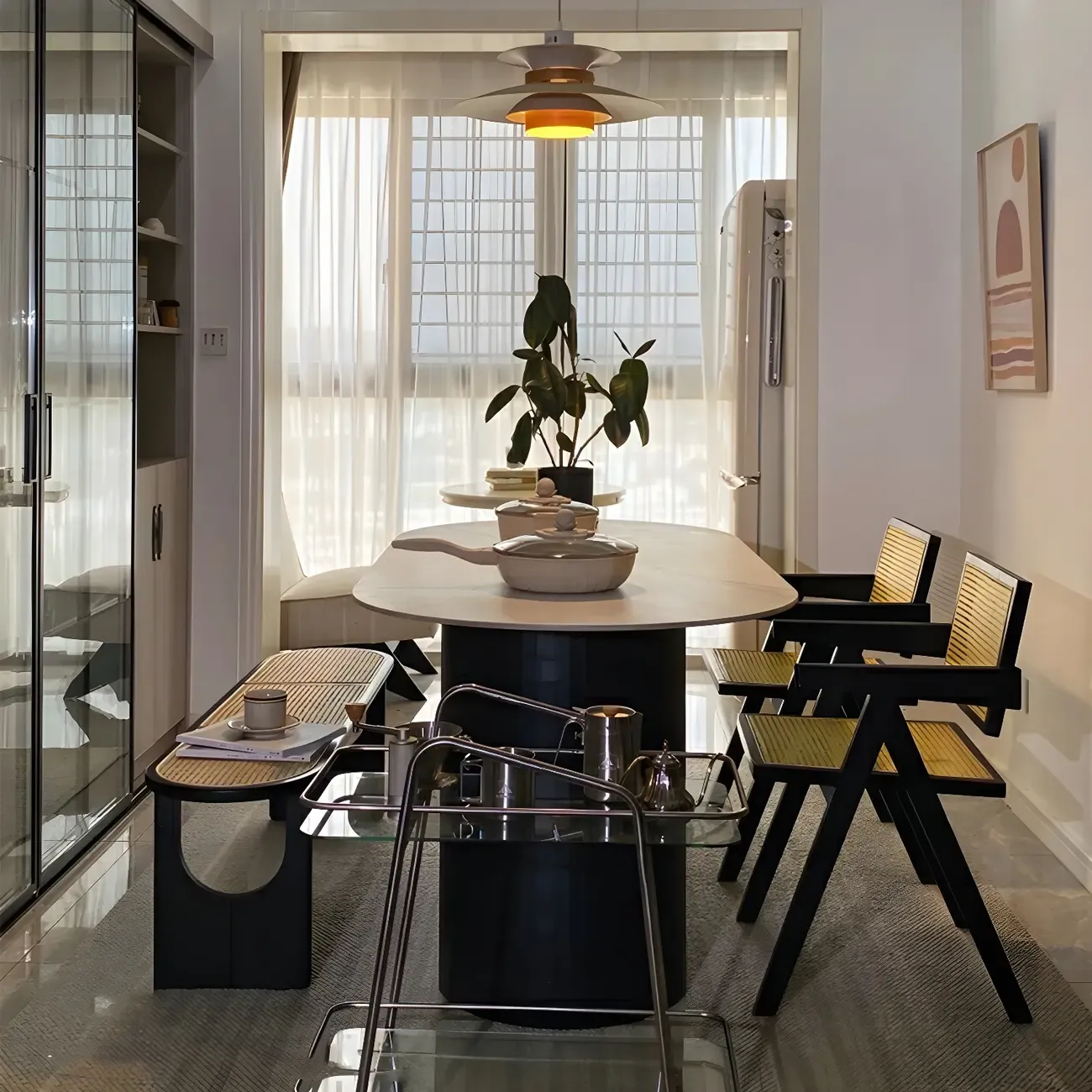 Rectangular Black Rattan Top Rubberwood Dining Bench Image - 9