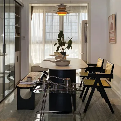 Rectangular Black Rattan Top Rubberwood Dining Bench Image - 9