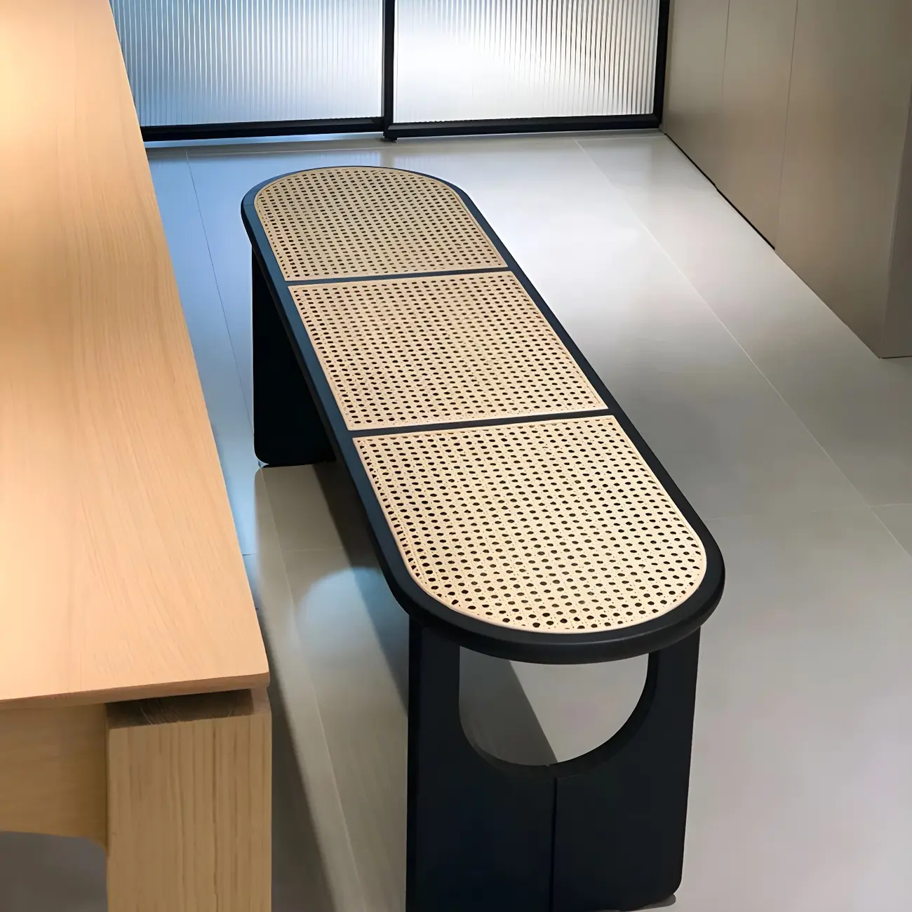 Rectangular Black Rattan Top Rubberwood Dining Bench Image - 11 | homeyfad