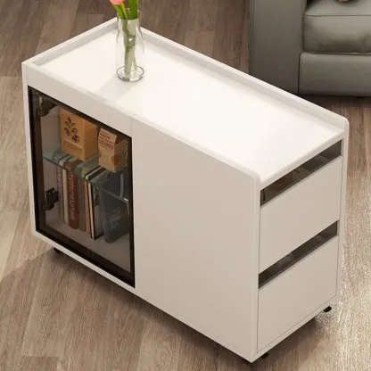 Living Room Off White Wood Sliding Side Table with Storage Image - 4