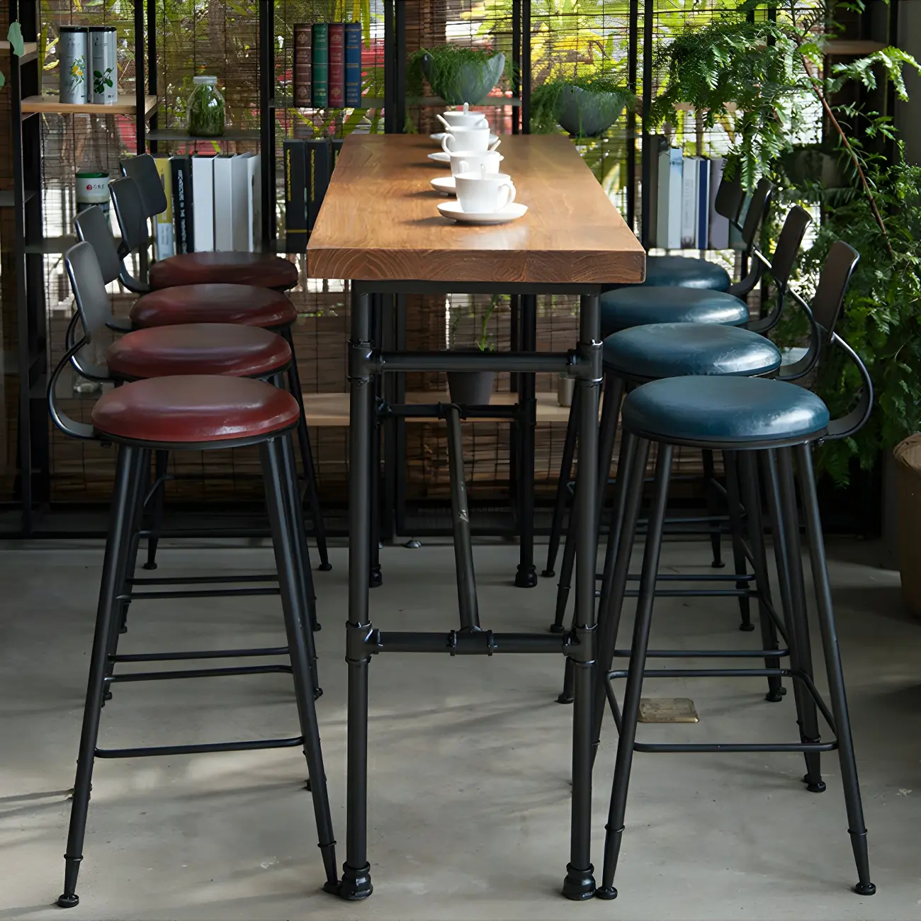 Industrial Brown Wood Black Metal Waterpipe Trestle Bar Tables Image - 2 | homeyfad