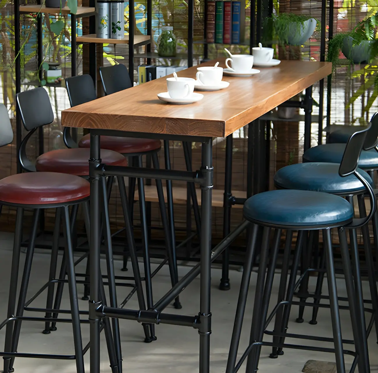 Industrial Brown Wood Black Metal Waterpipe Trestle Bar Tables Image - 3 | homeyfad