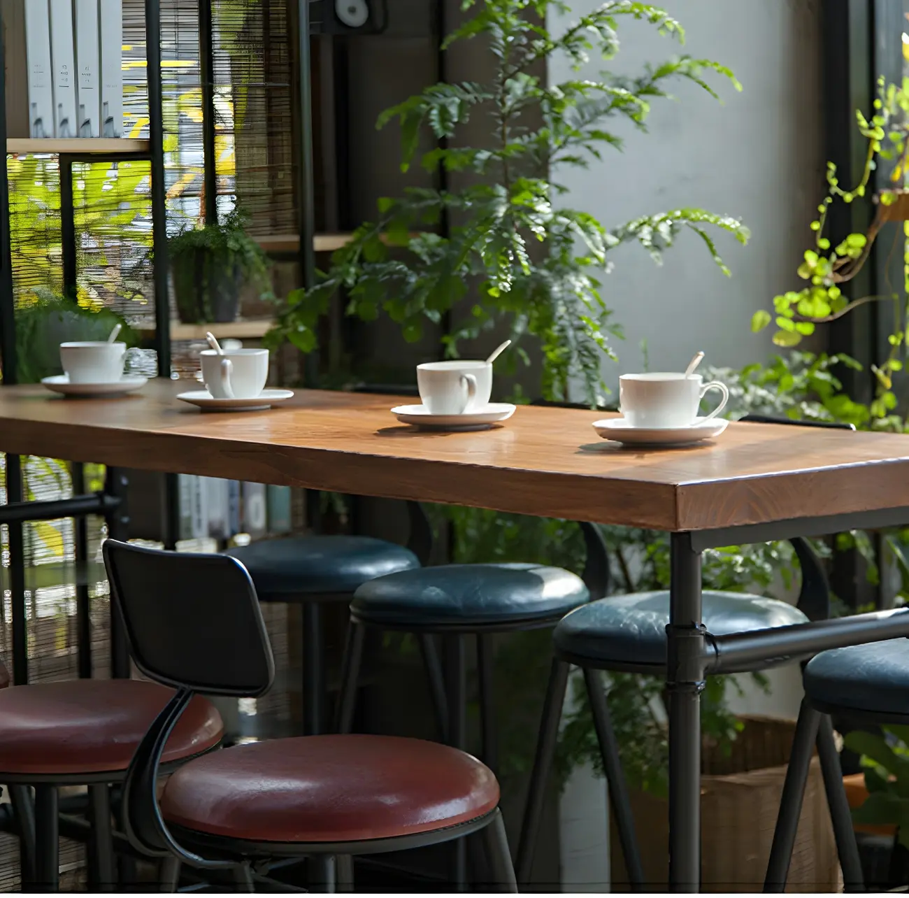 Industrial Brown Wood Black Metal Waterpipe Trestle Bar Tables Image - 6 | homeyfad