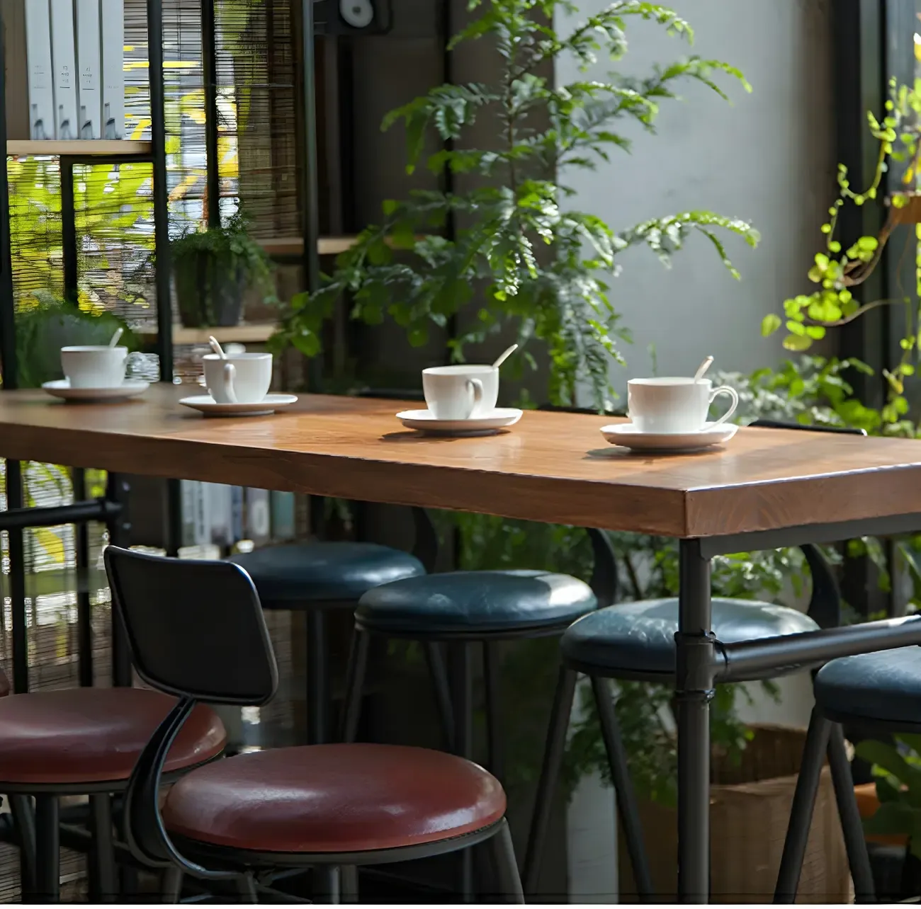 Industrial Brown Wood Black Metal Waterpipe Trestle Bar Tables Image - 6