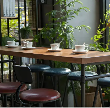 Industrial Brown Wood Black Metal Waterpipe Trestle Bar Tables Image - 6