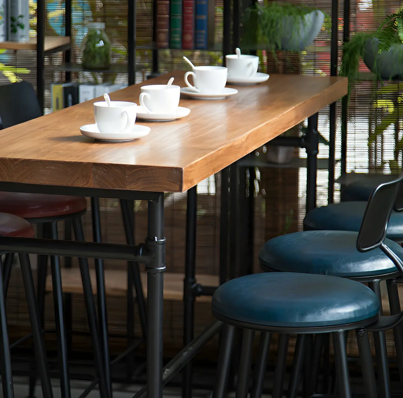 Industrial Brown Wood Black Metal Waterpipe Trestle Bar Tables Image - 8 | homeyfad