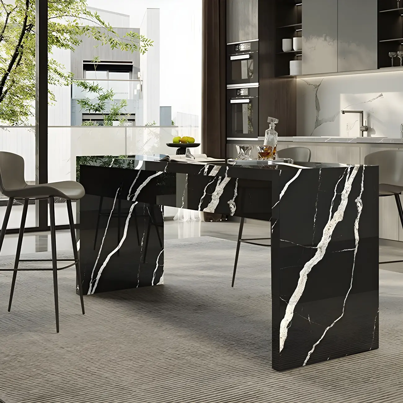 Elegant Black Marble Double Pedestal Bar Table Image - 1 | homeyfad