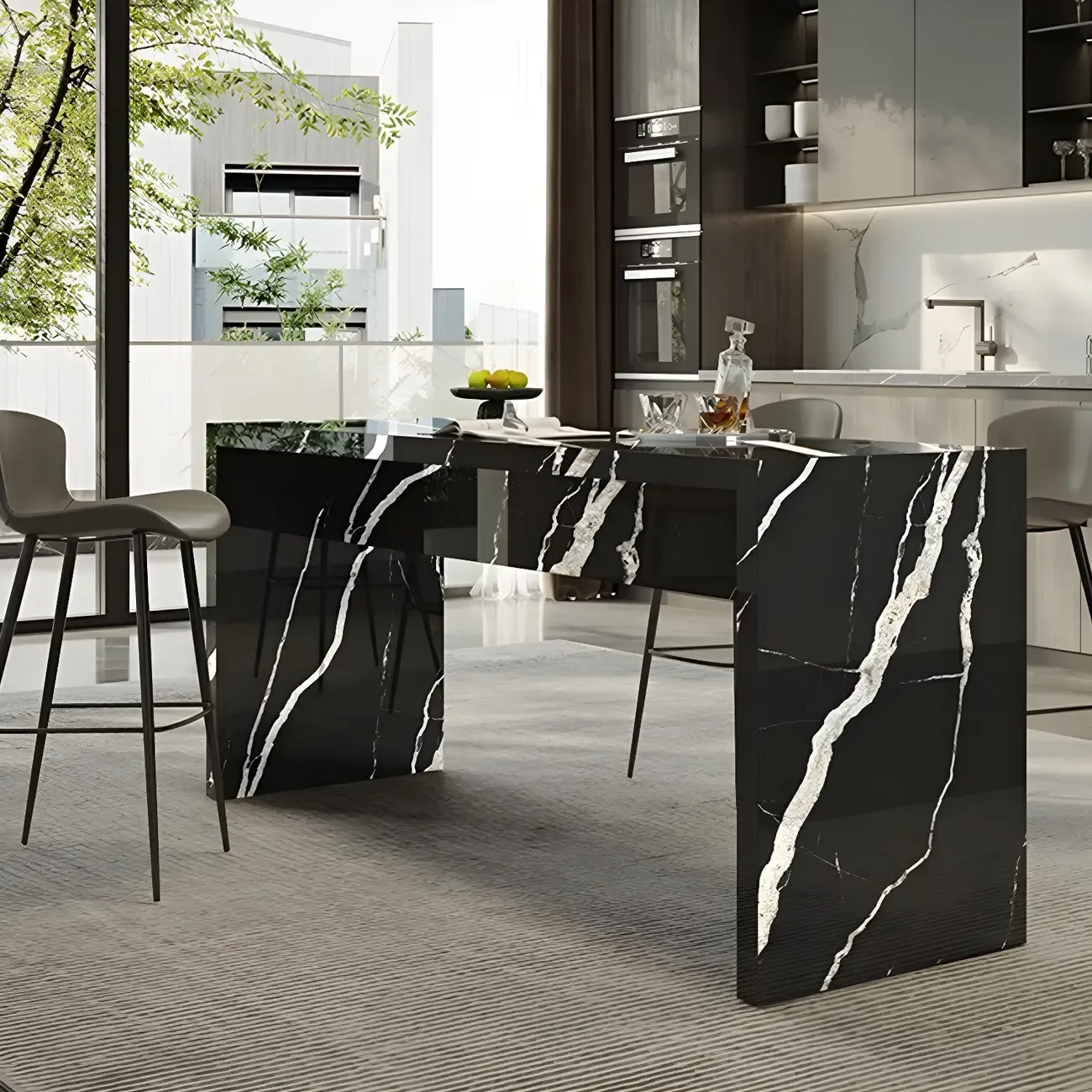 Elegant Black Marble Double Pedestal Bar Table Image - 1
