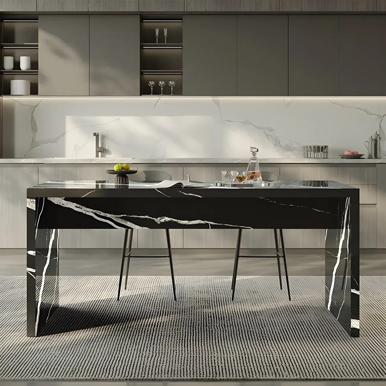 Elegant Black Marble Double Pedestal Bar Table Image - 2