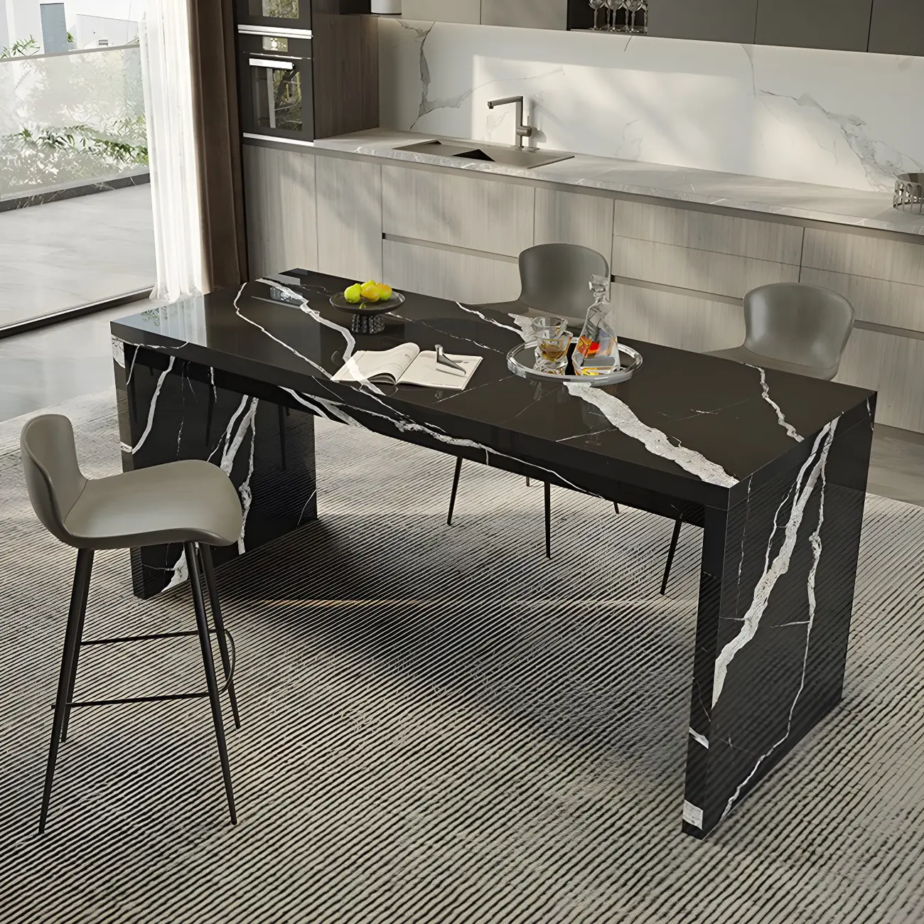 Elegant Black Marble Double Pedestal Bar Table Image - 3 | homeyfad