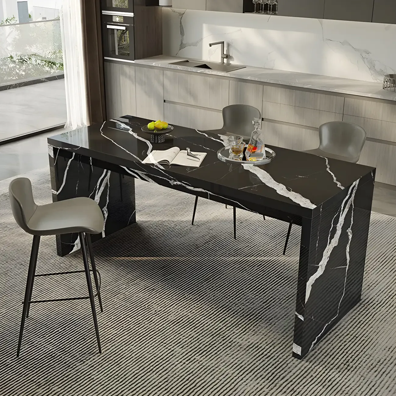 Elegant Black Marble Double Pedestal Bar Table Image - 3