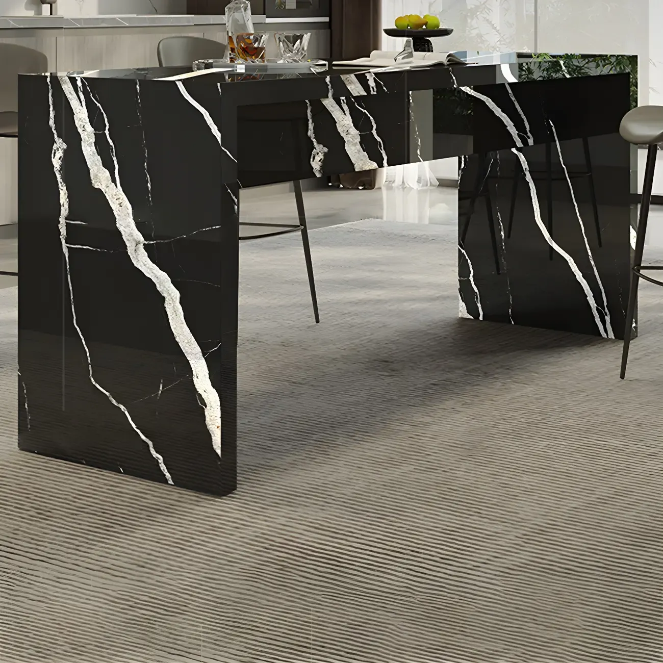 Elegant Black Marble Double Pedestal Bar Table Image - 4