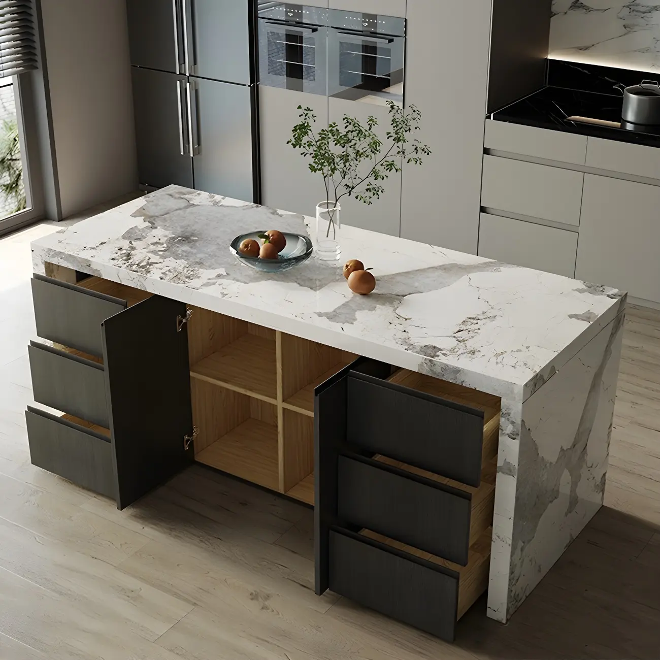 Modern Marble Top Wood Storage Bar Tables for Kitchen Image - 1 | homeyfad
