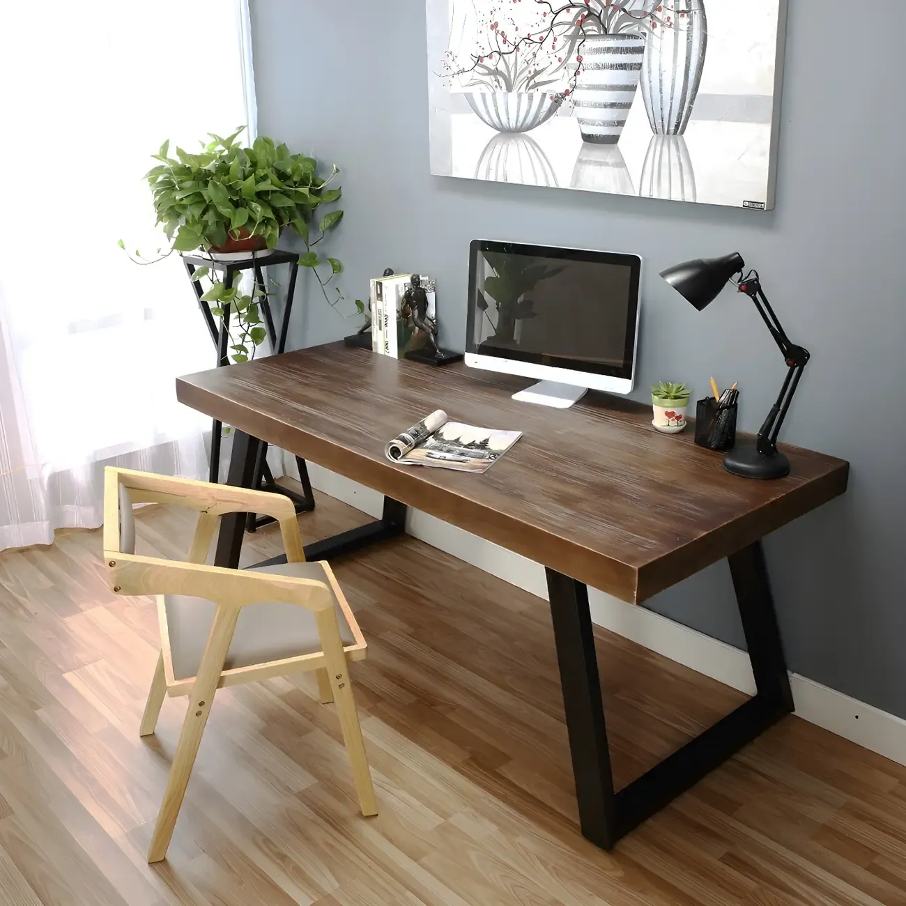 Industrial Wooden Writing Desk with Metal Sled Legs for Office Image - 1