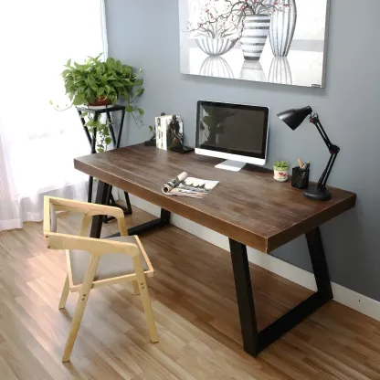 Industrial Wooden Writing Desk with Metal Sled Legs for Office Image - 1