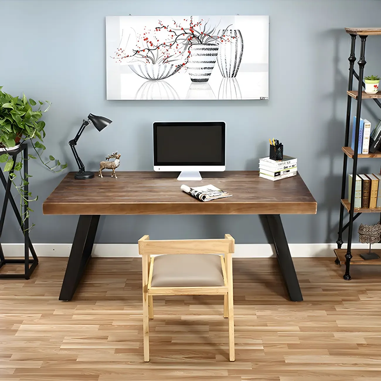 Industrial Wooden Writing Desk with Metal Sled Legs for Office Image - 2