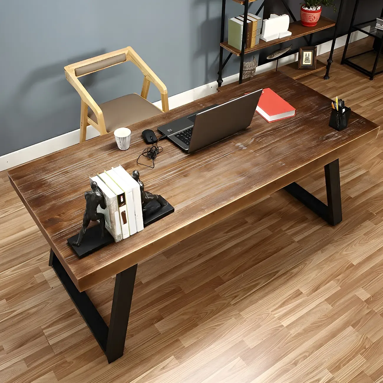 Industrial Wooden Writing Desk with Metal Sled Legs for Office Image - 3