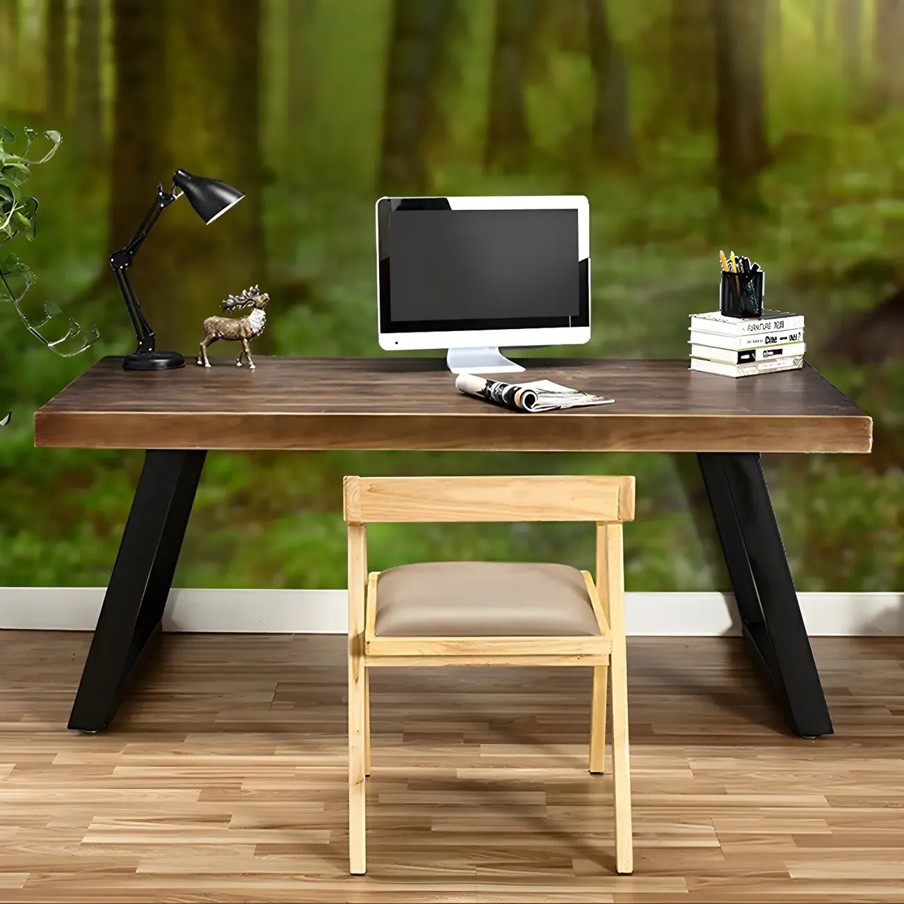 Industrial Wooden Writing Desk with Metal Sled Legs for Office Image - 8
