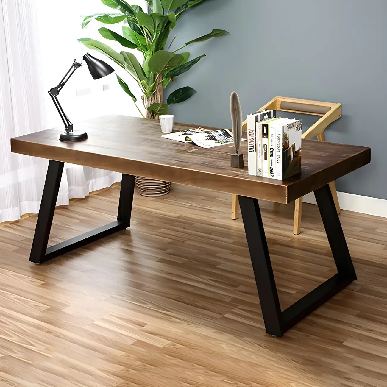 Industrial Wooden Writing Desk with Metal Sled Legs for Office Image - 9