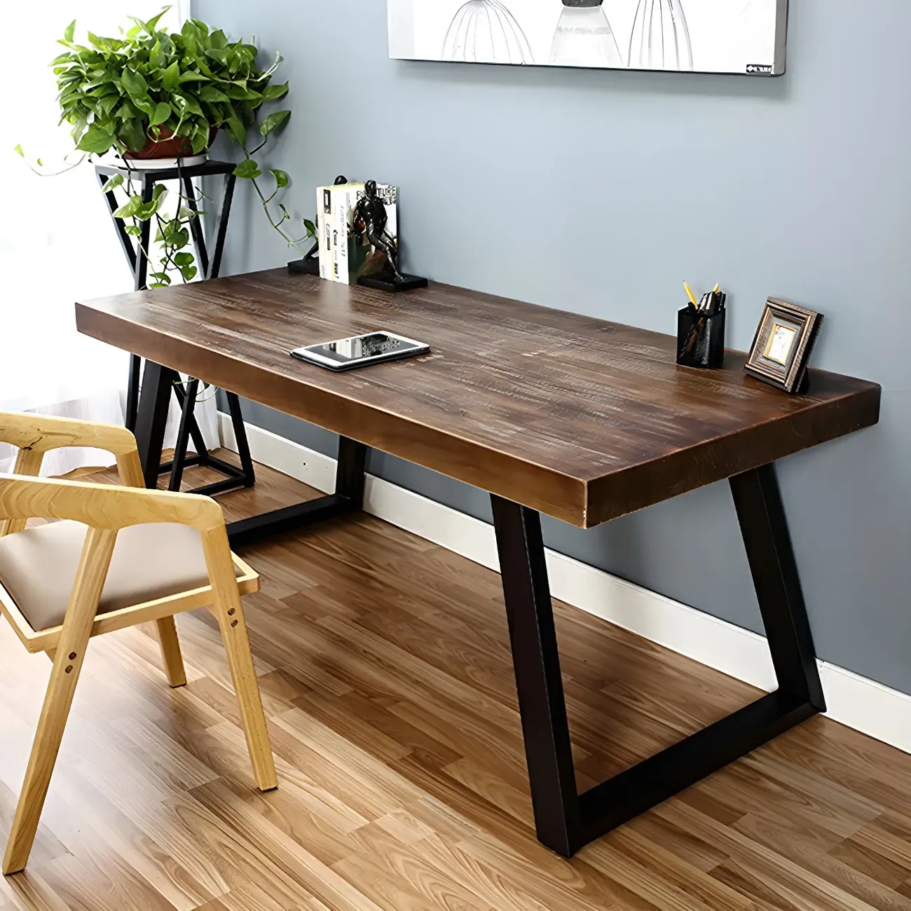 Industrial Wooden Writing Desk with Metal Sled Legs for Office Image - 11