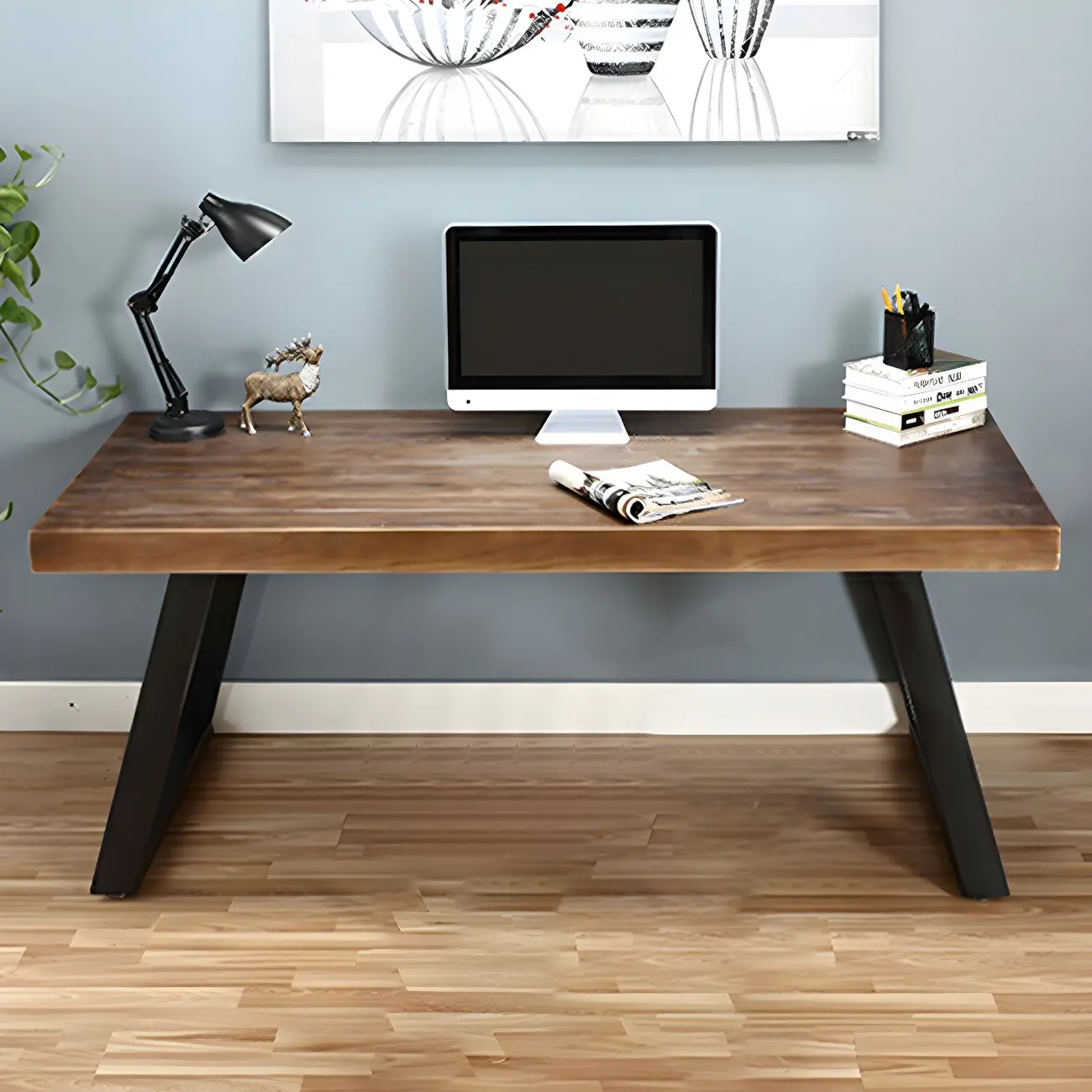 Industrial Wooden Writing Desk with Metal Sled Legs for Office Image - 13 | homeyfad