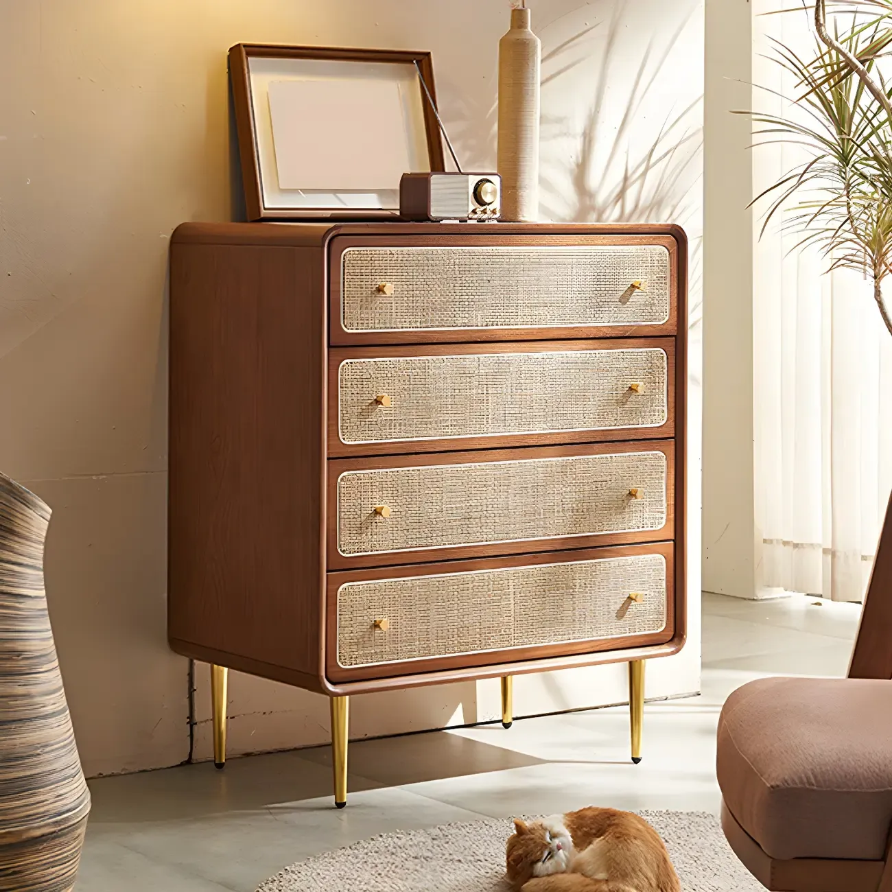 Elegant Natural Wooden Dresser with 4-Drawers for Home