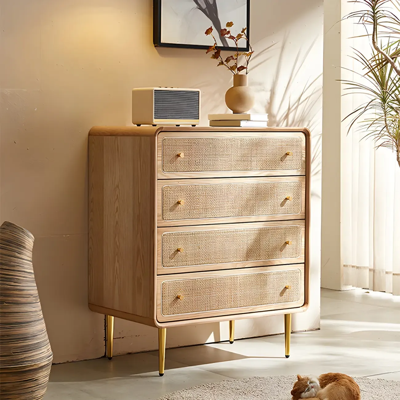 Elegant Natural Wooden Dresser with 4-Drawers for Home