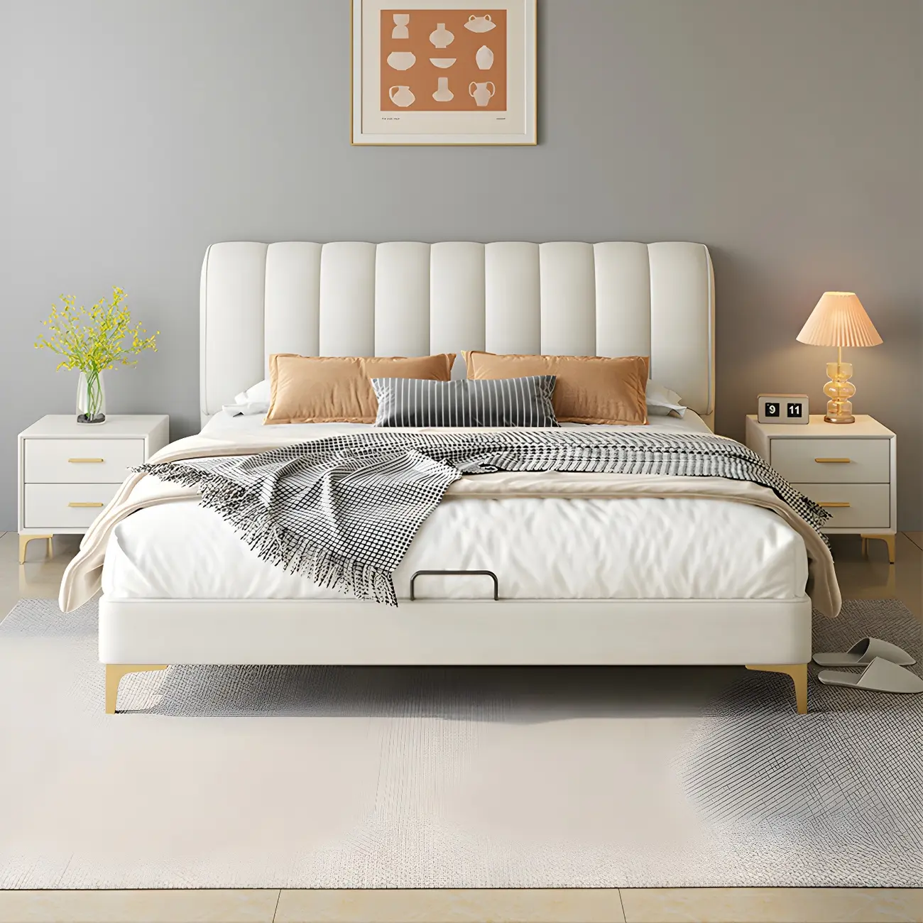 White Upholstered Lift-Up Storage Bed with Tufted Headboard Image - 2 | homeyfad