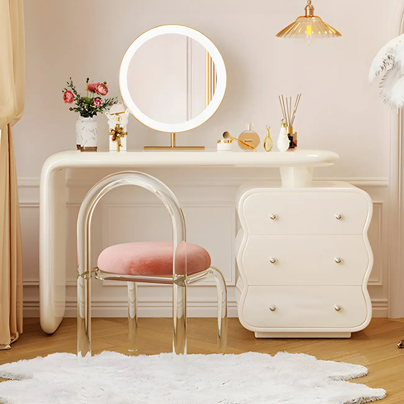 Modern Off-White 3-Drawer Wood Makeup Vanity Image - 1 | homeyfad