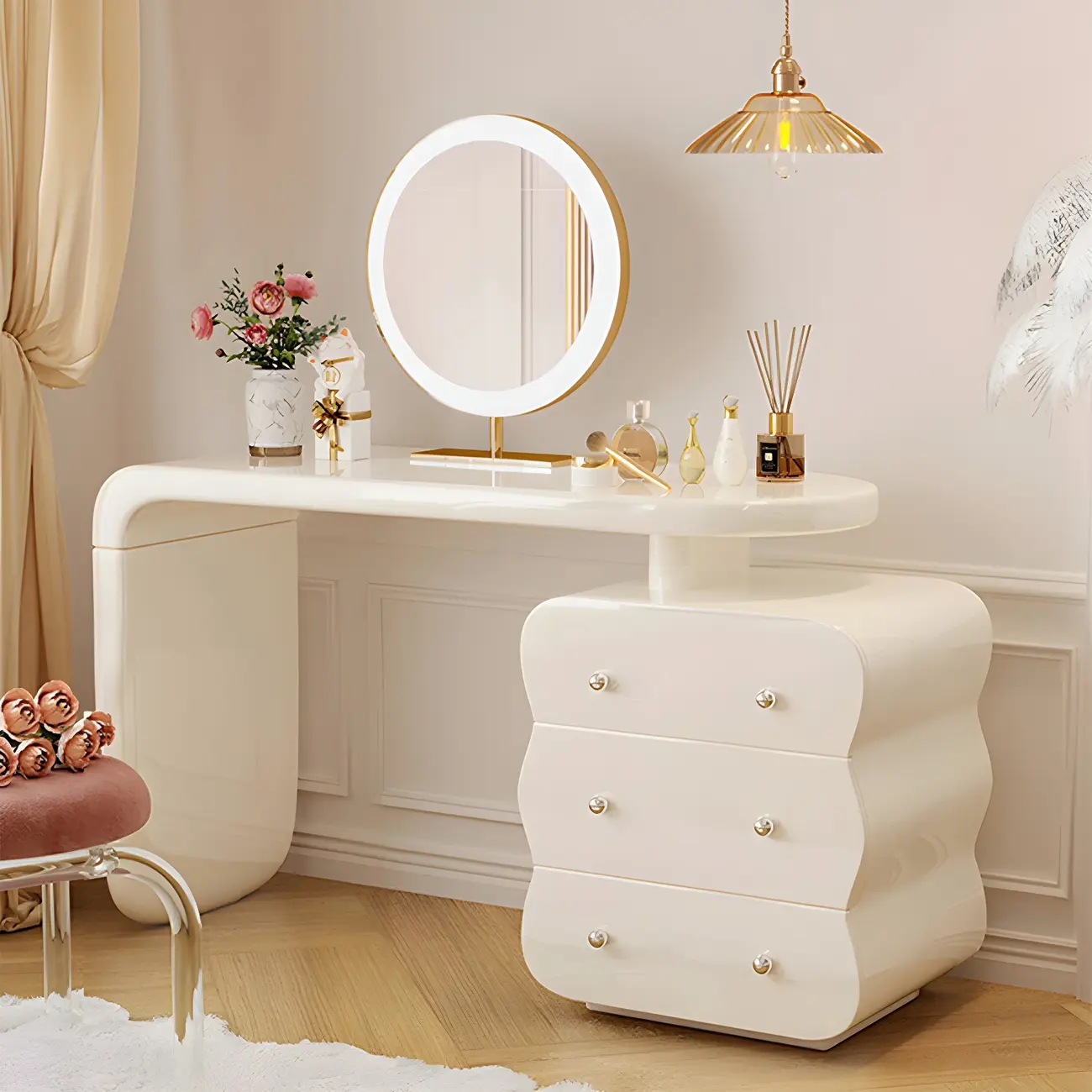 Modern Off-White 3-Drawer Wood Makeup Vanity Image - 2 | homeyfad