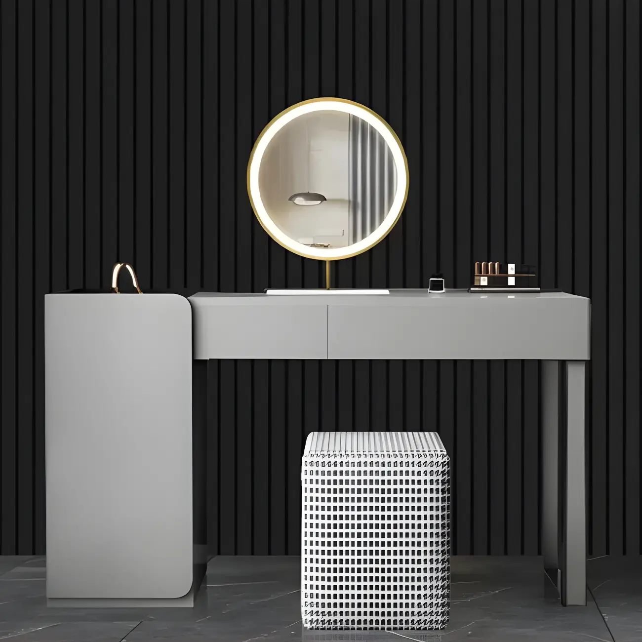 Light Gray Wood Makeup Vanity with Cabinet Image - 1 | homeyfad