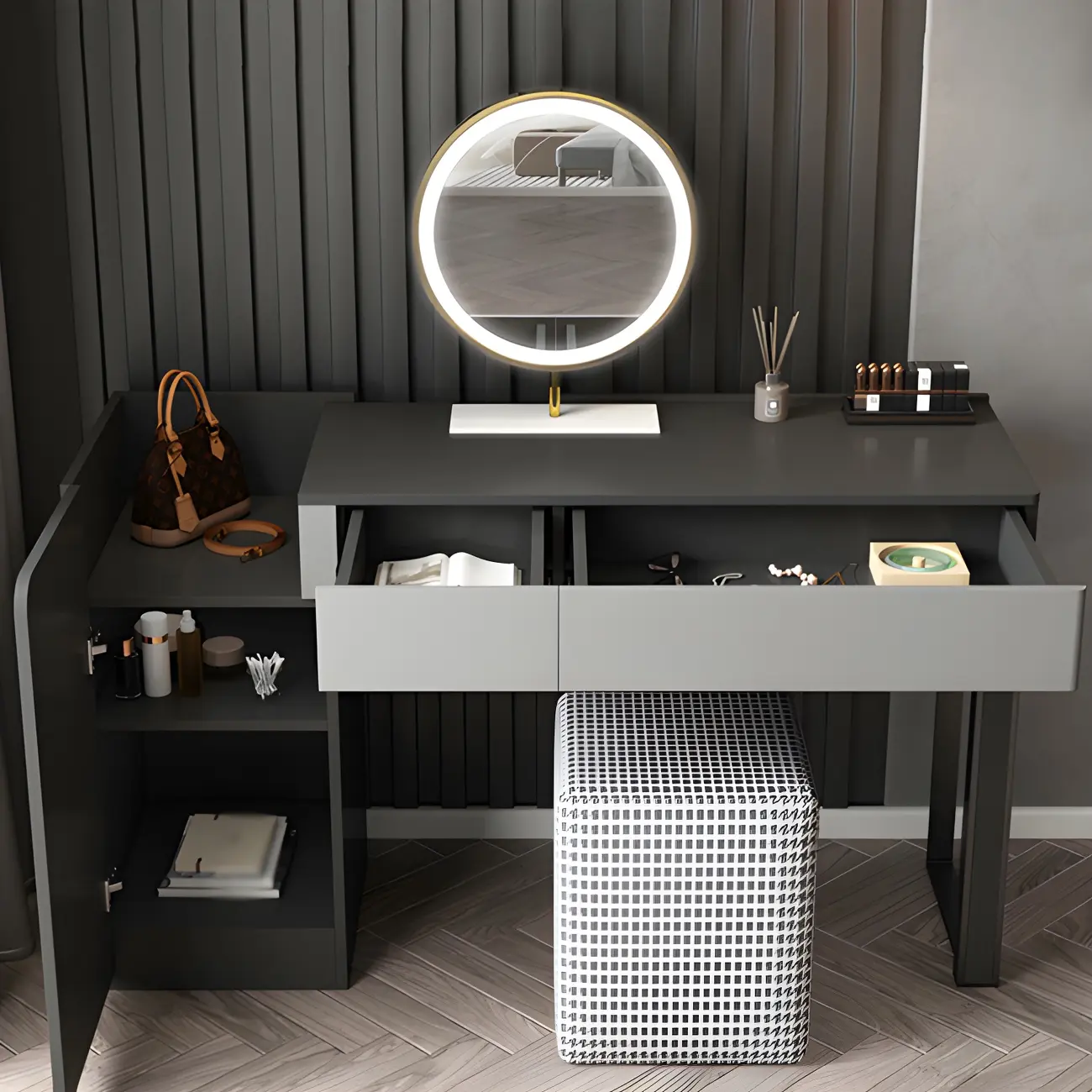 Light Gray Wood Makeup Vanity with Cabinet Image - 3 | homeyfad