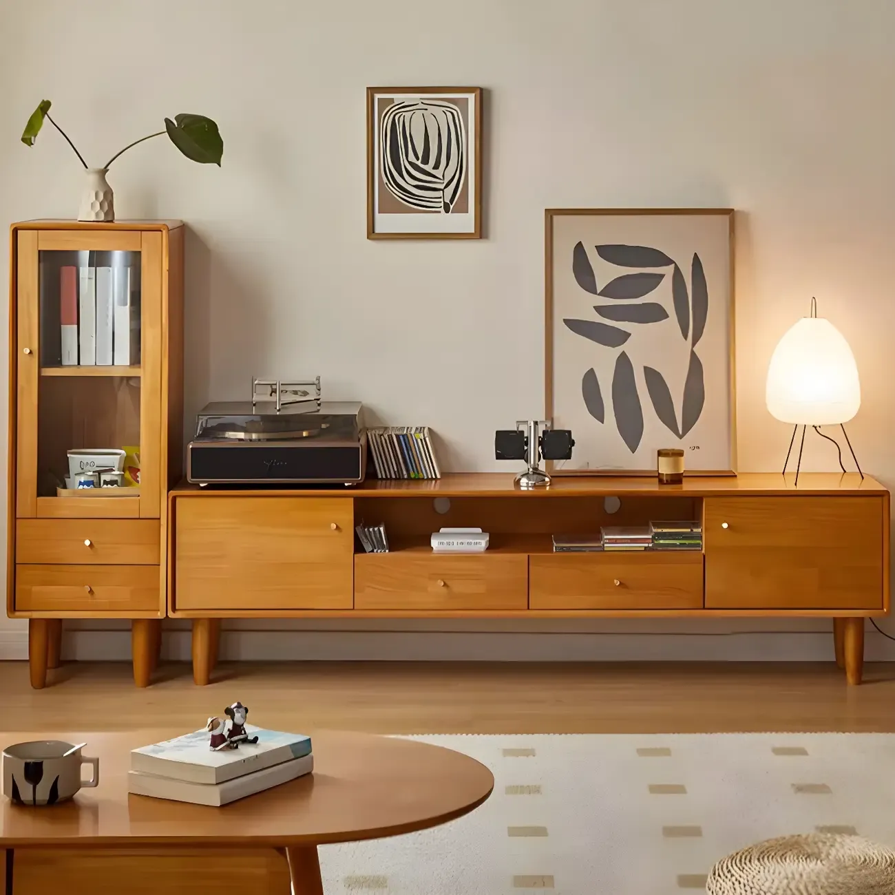 Scandinavian Brown Wooden TV Stand with Drawers Image - 2