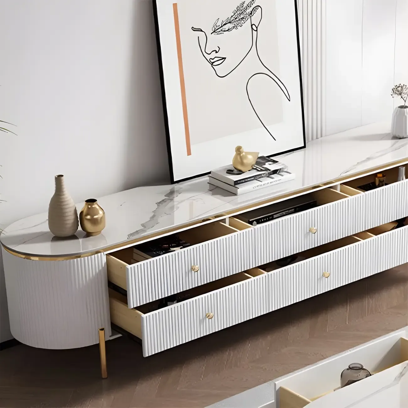 Modern Stone TV Stand with 6-Drawers & Legs for Living Room Image - 8