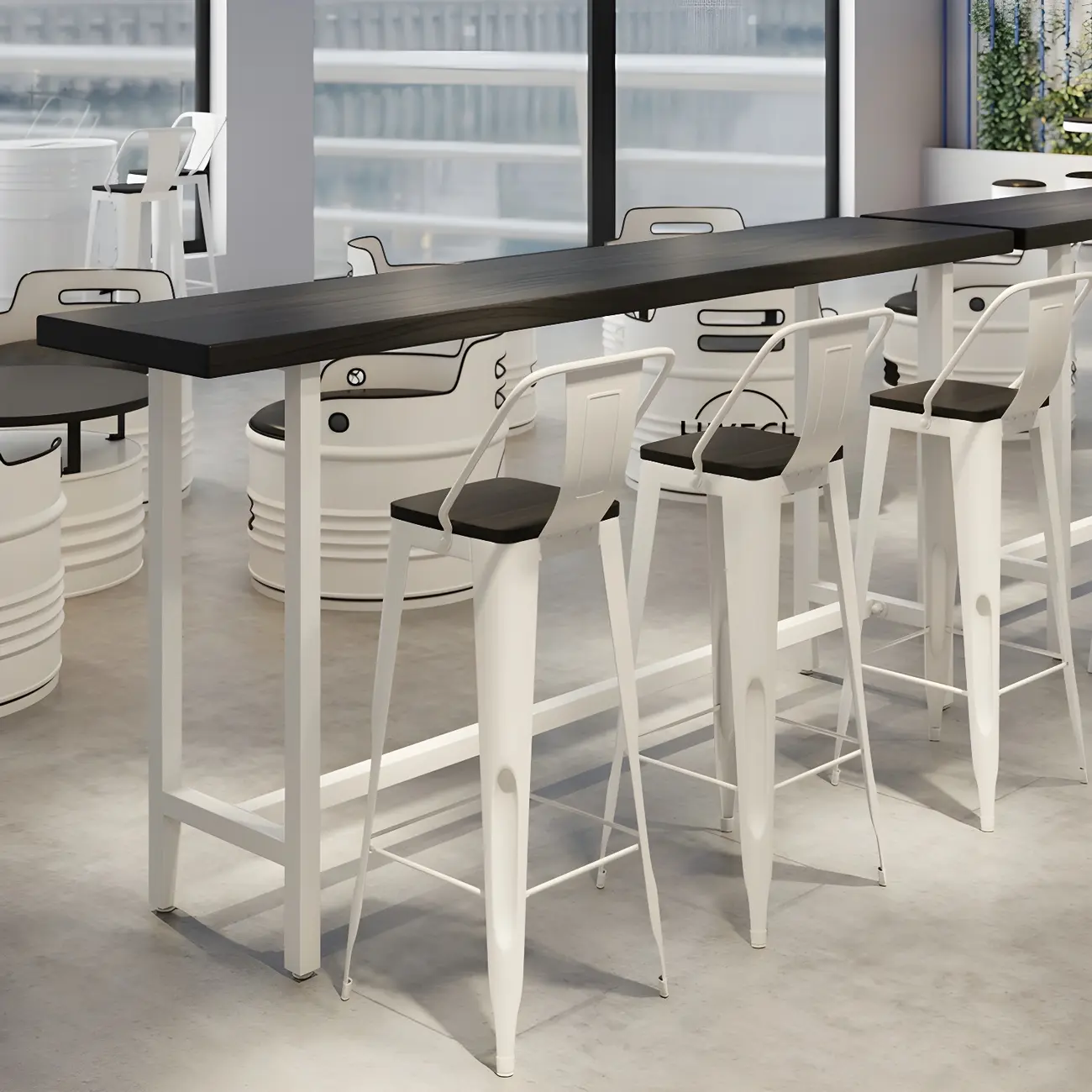 Industrial Black Wood Top Metal Trestle Base Bar Table Image - 1 | homeyfad