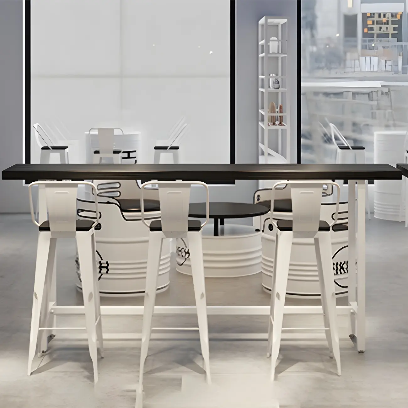 Industrial Black Wood Top Metal Trestle Base Bar Table Image - 16 | homeyfad