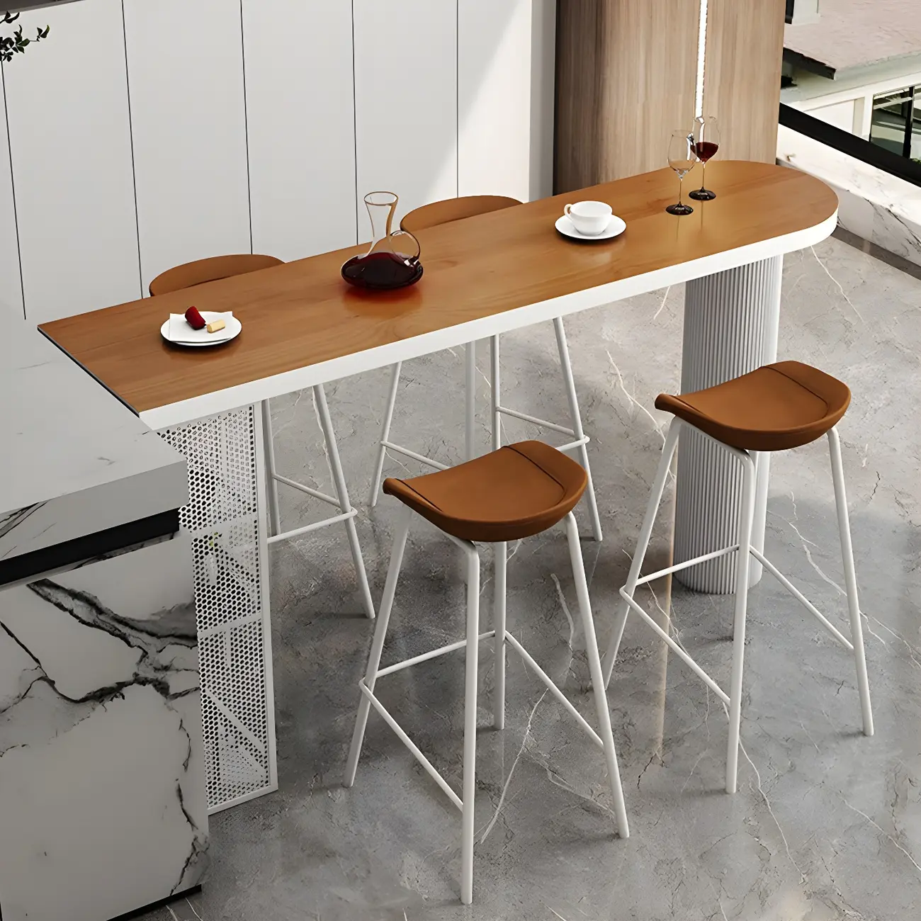 Glam Brown Wooden Free Form White Iron Storage Bar Tables Image - 6 | homeyfad