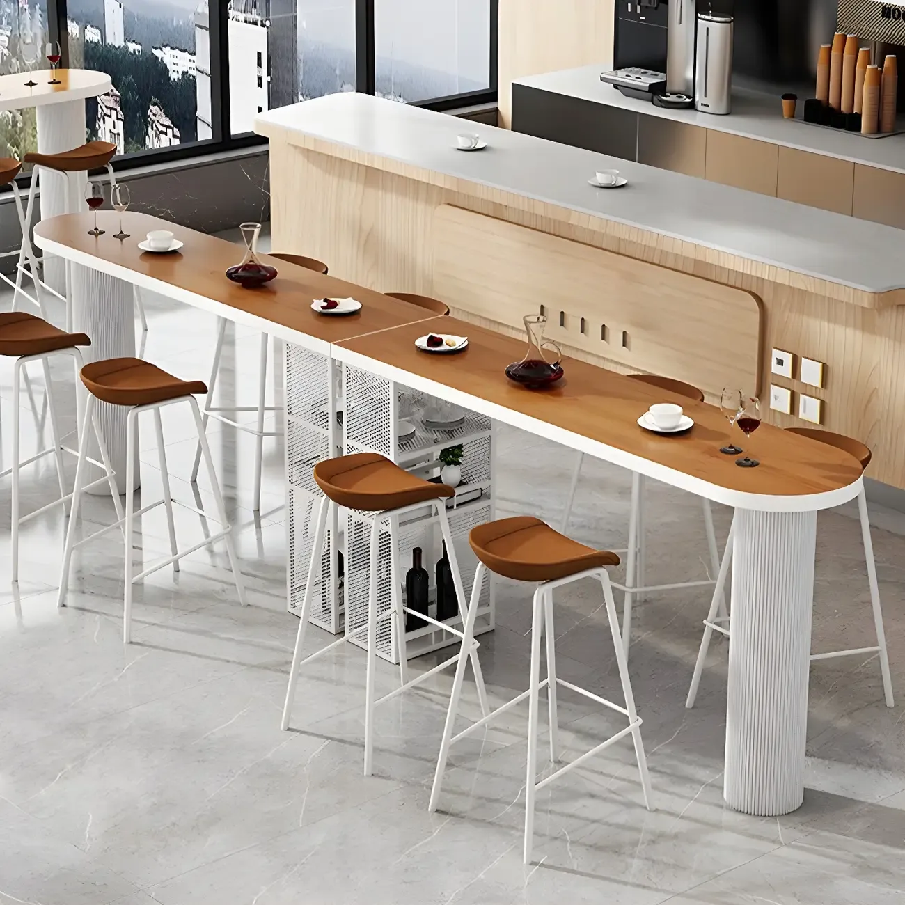 Glam Brown Wooden Free Form White Iron Storage Bar Tables Image - 13