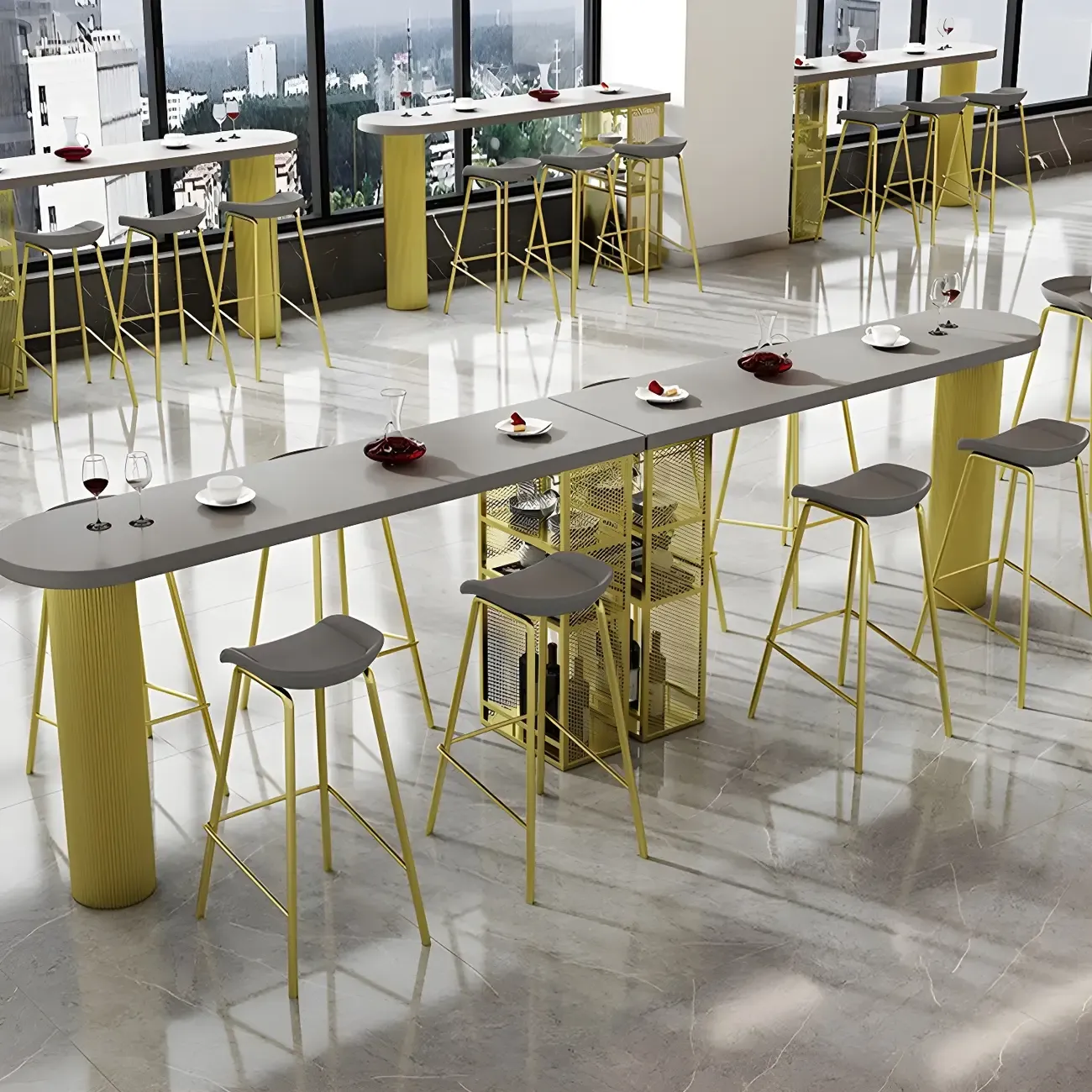 Glam Brown Wooden Free Form White Iron Storage Bar Tables Image - 14