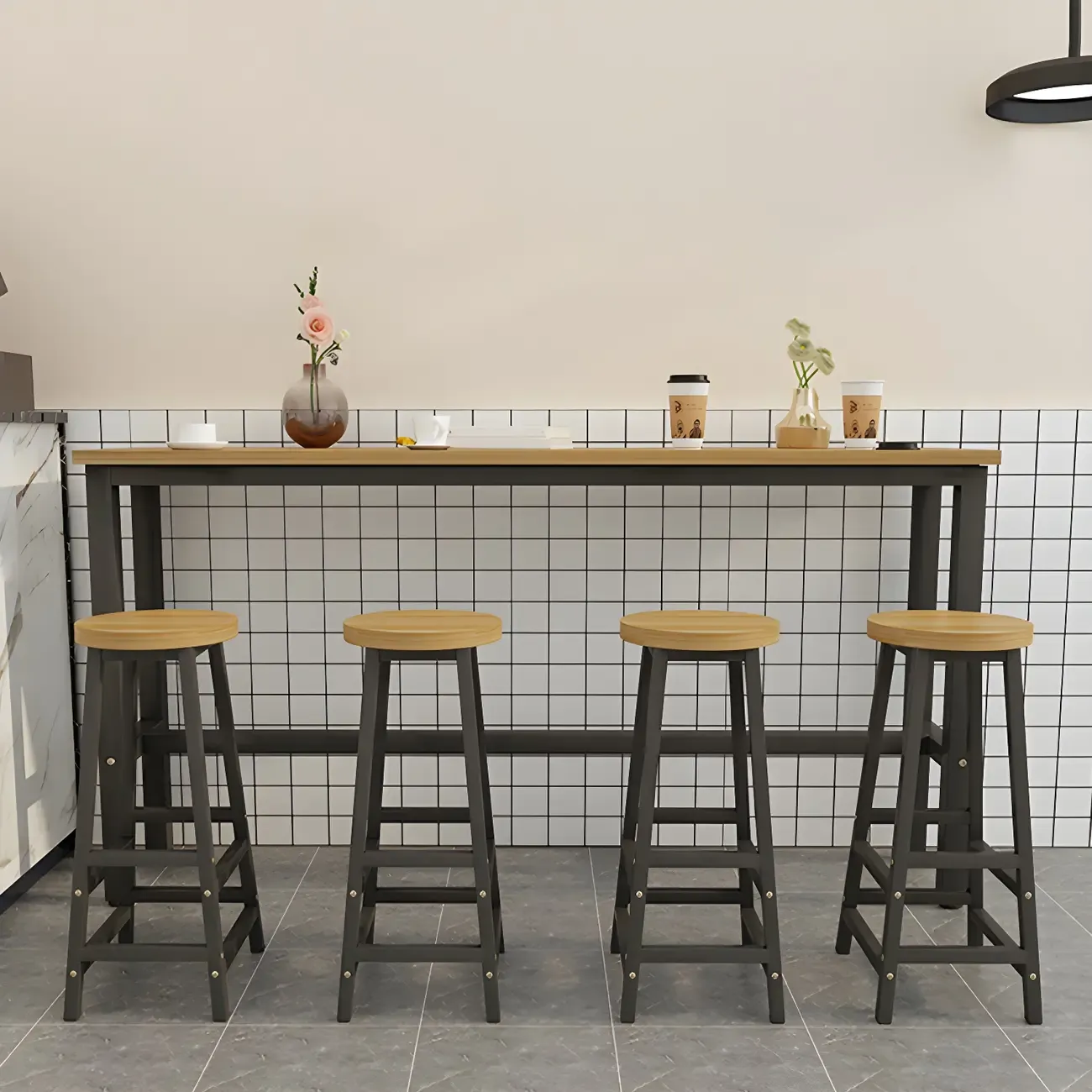 Rectangular Natural Wood Metal Trestle Bar Tables Image - 1