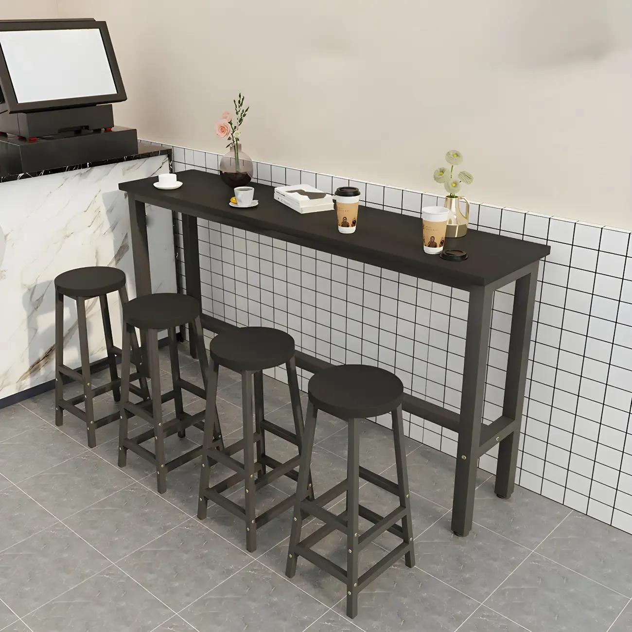 Rectangular Natural Wood Metal Trestle Bar Tables Image - 2