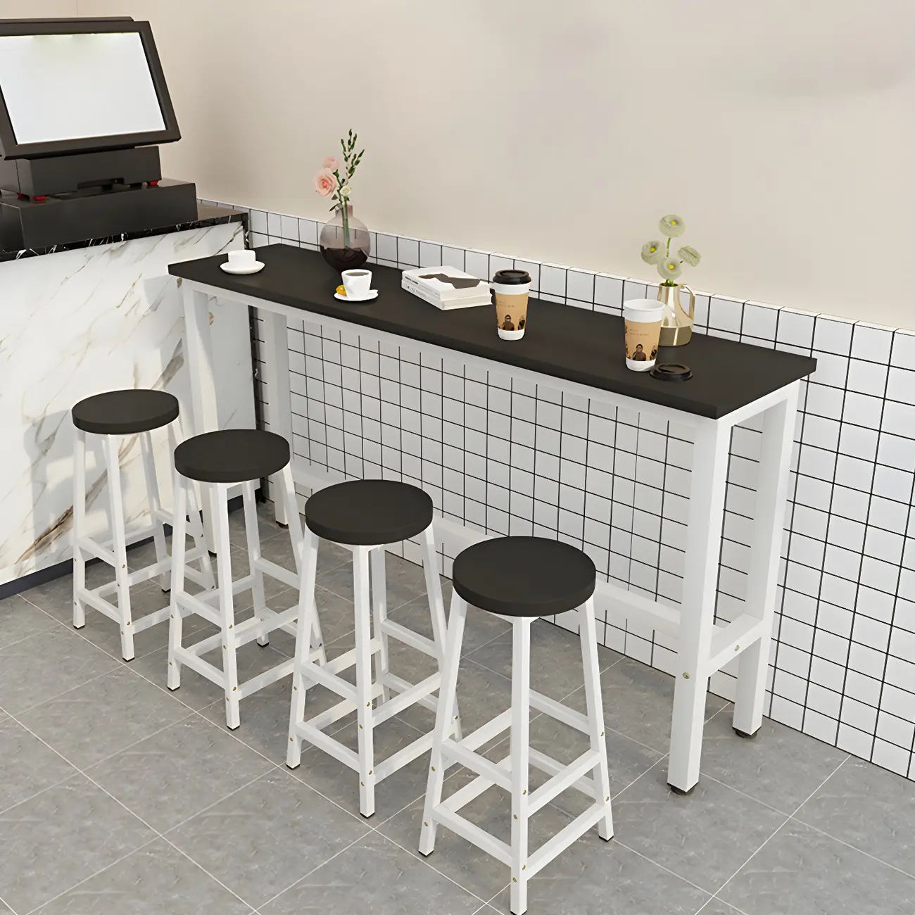 Rectangular Natural Wood Metal Trestle Bar Tables Image - 5 | homeyfad