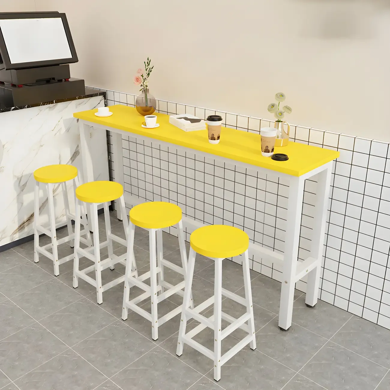 Rectangular Natural Wood Metal Trestle Bar Tables Image - 7