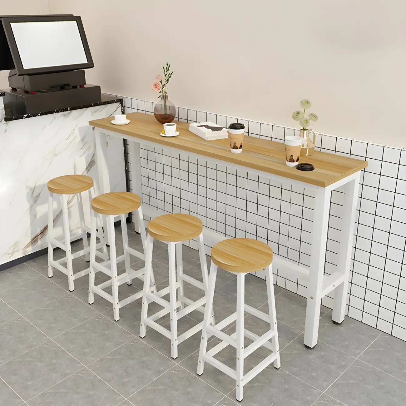 Rectangular Natural Wood Metal Trestle Bar Tables Image - 11