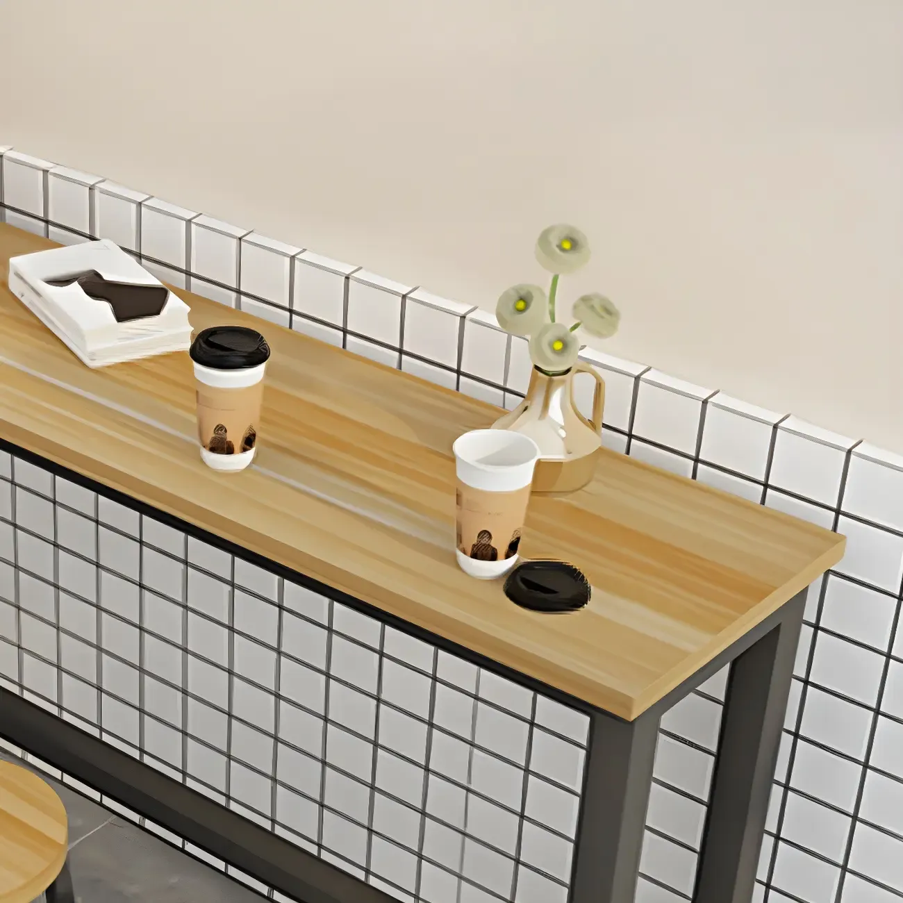 Rectangular Natural Wood Metal Trestle Bar Tables Image - 14