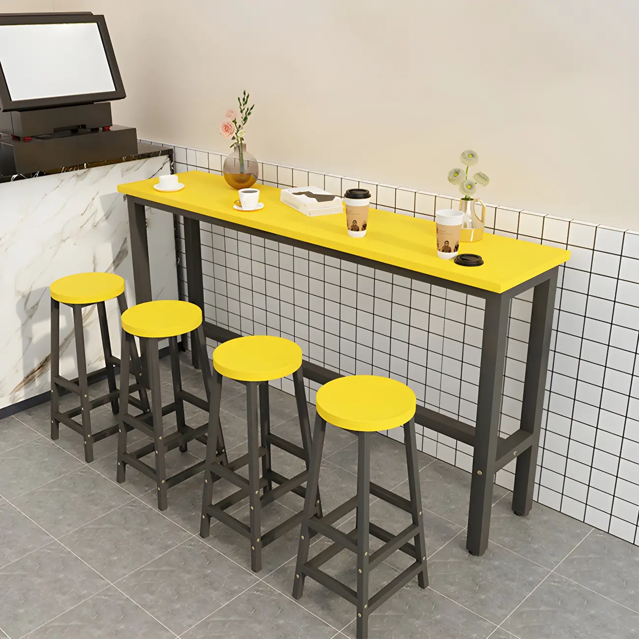 Rectangular Natural Wood Metal Trestle Bar Tables Image - 15 | homeyfad