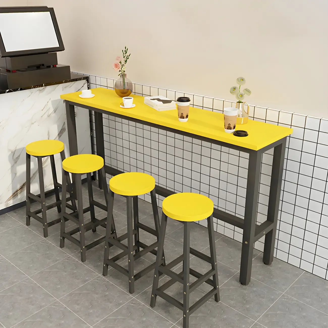 Rectangular Natural Wood Metal Trestle Bar Tables Image - 15