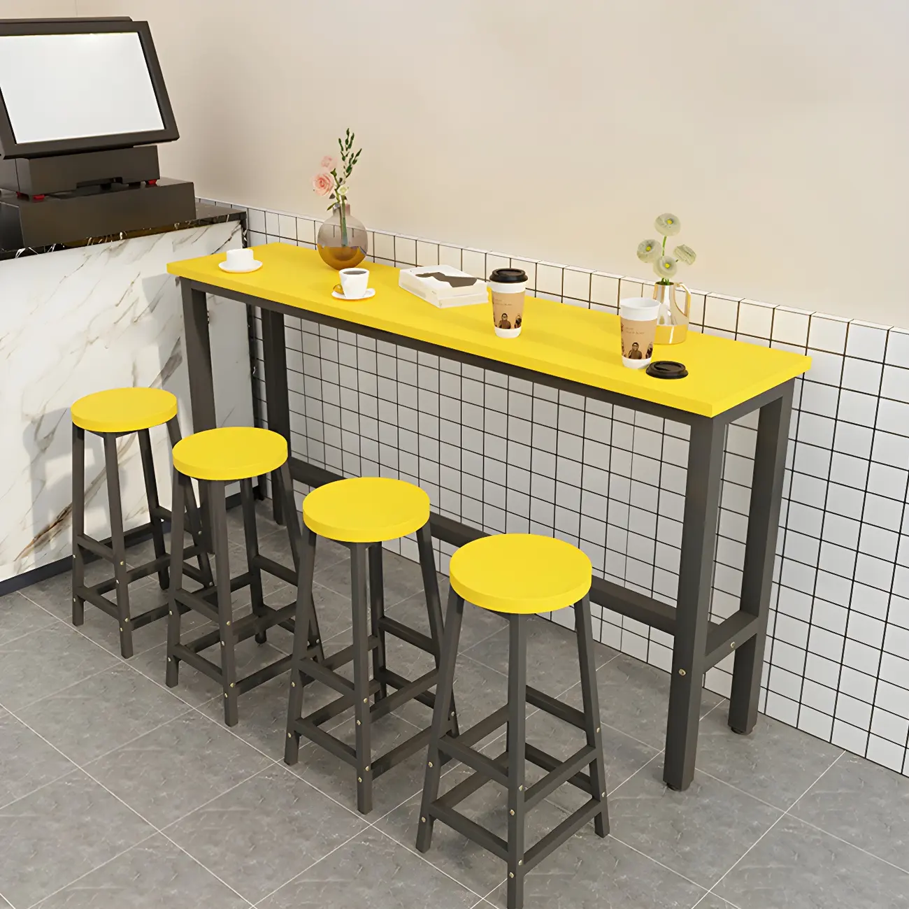 Rectangular Natural Wood Metal Trestle Bar Tables Image - 21 | homeyfad