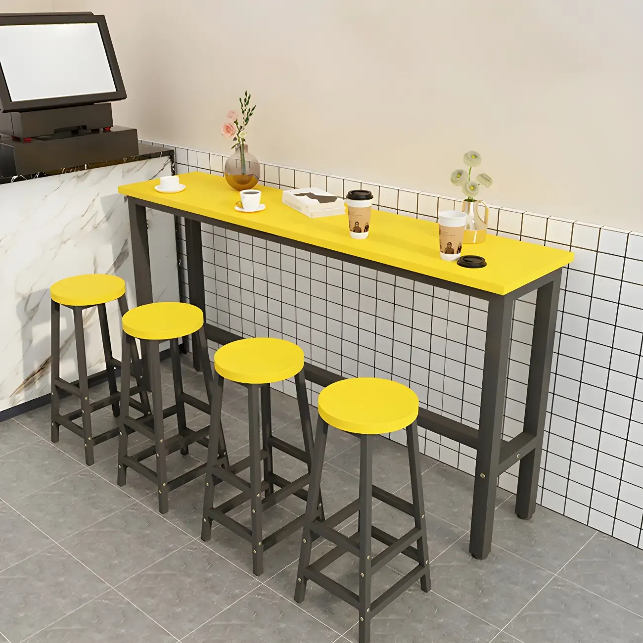 Rectangular Natural Wood Metal Trestle Bar Tables Image - 21