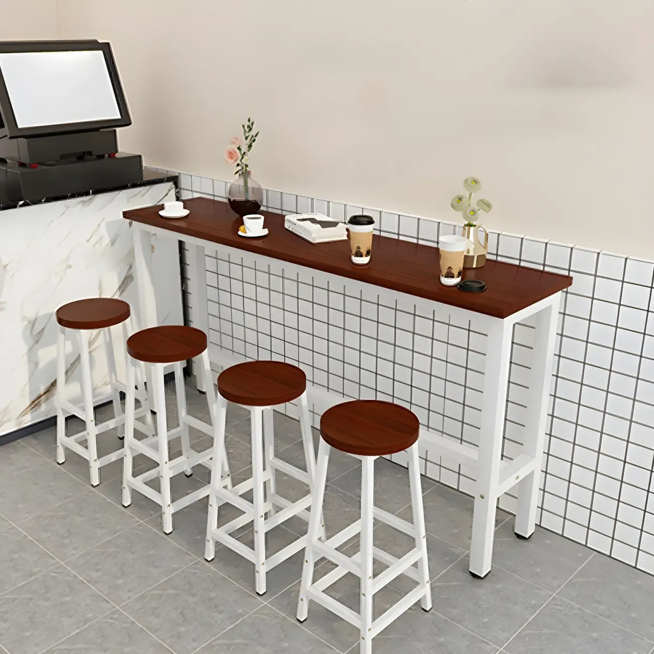 Rectangular Natural Wood Metal Trestle Bar Tables Image - 22